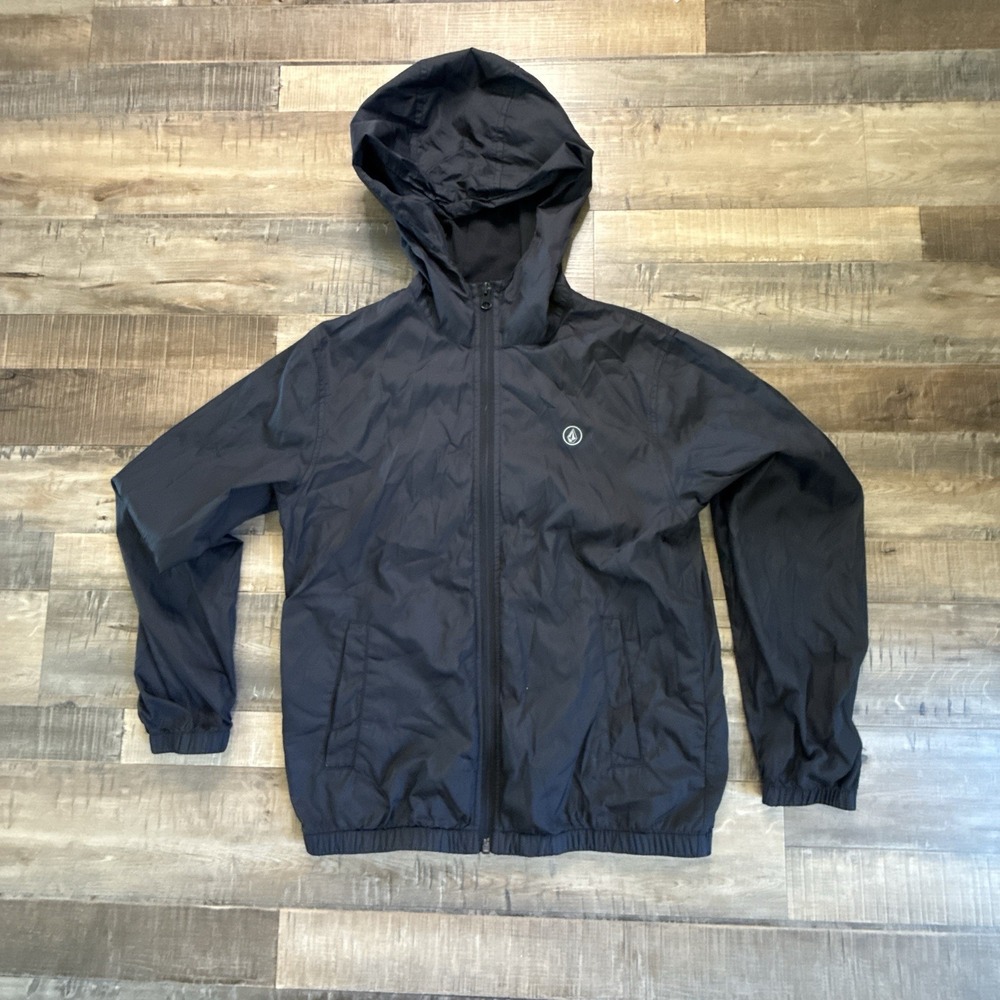Volcom Scout Boys Youth Medium 10 Hooded Windbreaker Jacket Black Zip Y2K Surf